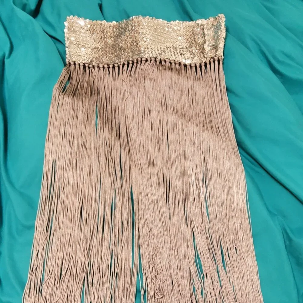 Silver Sequin Fringe Belt Circle Hip Wrap Embelished Festival Rave Scarf EUC